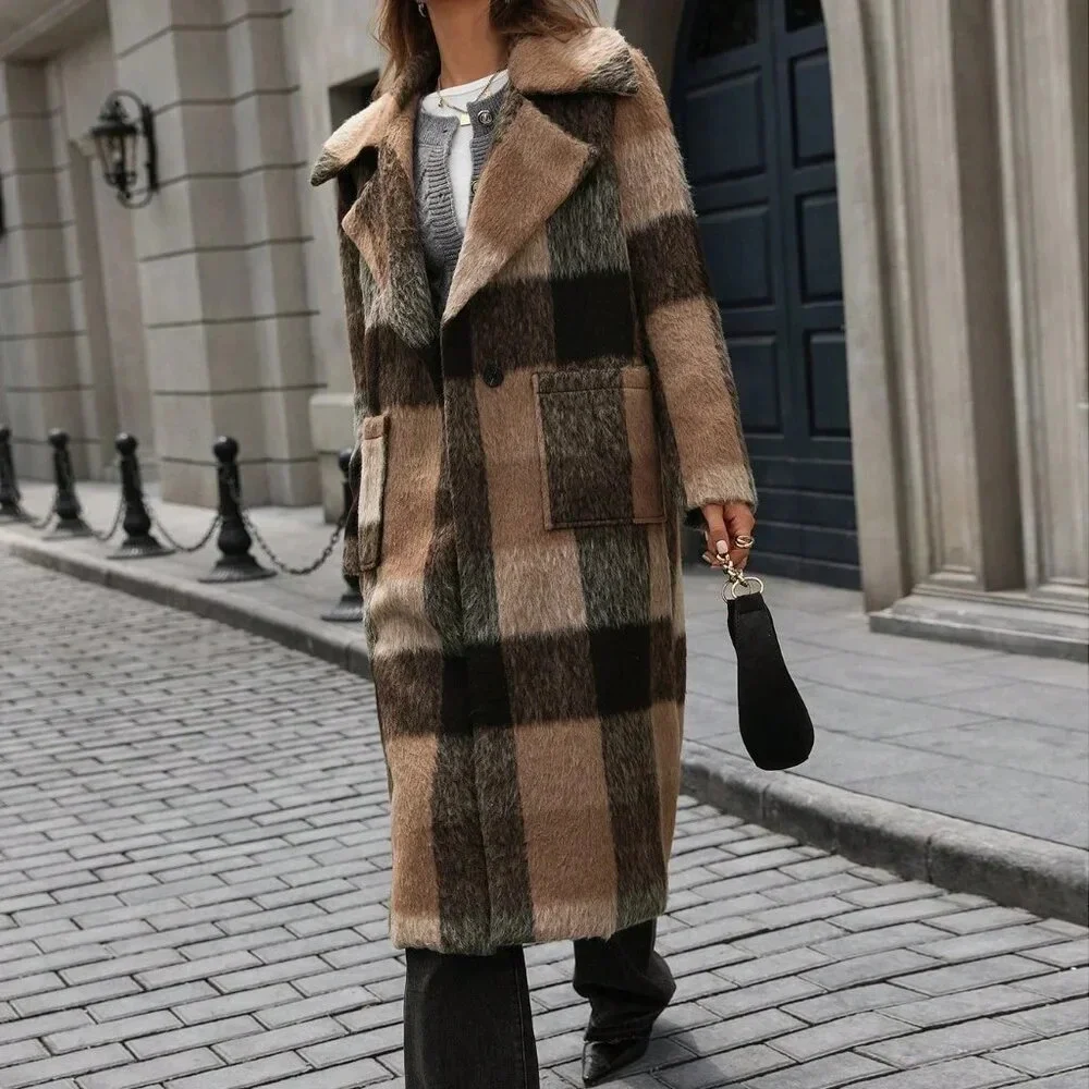 Multicolor Casual Women's Plaid Lapel Wool Blend Long Sleeve Cardigan Coat